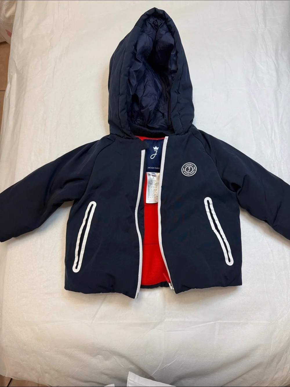 Jacadi Navy Hooded Puffer with Red Interior